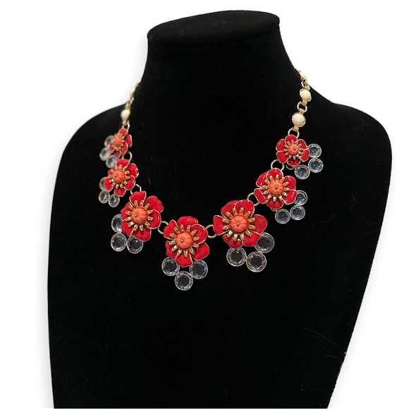 TALBOTS | Bold Red & Blue Flower Blossoms & Crystal Statement Necklace | NWOT - Picture 5 of 9